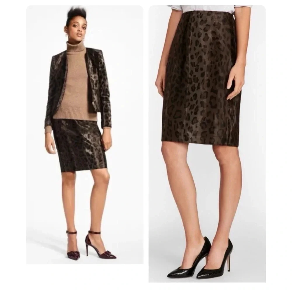 Brooks Brothers Brown Leopard Print Velvet Pencil Skirt Size 8